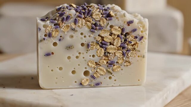 Artisan Crafted Naked Bar of Soap with Lavender Buds and Oatmeal Resting on a Beige Marble Slab