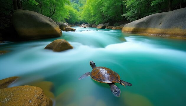 Sea turtle swims in clear blue river water surrounded by green forest and large rocks. Flowing stream creates soft motion blur effect. Natural landscape with wildlife.