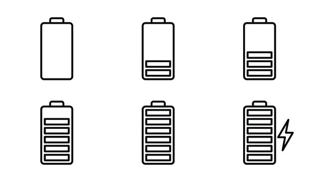 Battery Icons With Varying Charge Levels Black Line Art On White