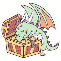 Baby dragon resting on a treasure chest filled with gold coins colorful vector illustration wyvern reptile © md ruhul11