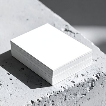 Stack of blank white business cards mockup on textured concrete surface