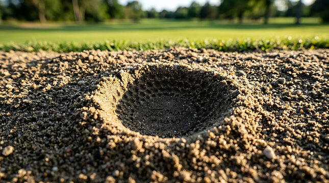 A golf ball's impact creates a distinct indentation within a sandy bunker on a well-maintained golf course green