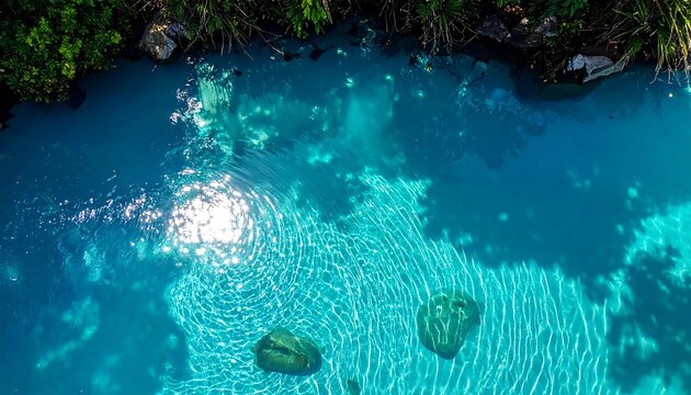 Aerial view of a pristine tropical lagoon with visible rocky bottom
