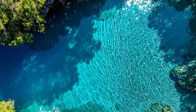 Aerial view of a pristine tropical lagoon with visible rocky bottom