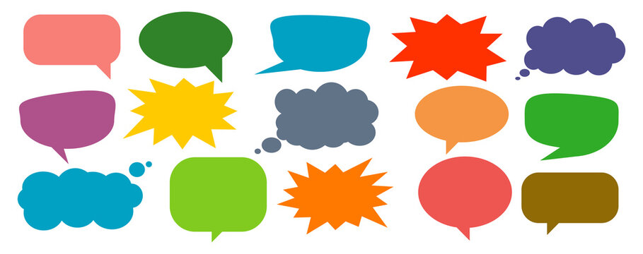 A simple design set of colorful message comment chat boxes. A collection of comic and social media speech bubbles, text boxes, and chat boxes. A vector set of comic and social media speech bubbles.