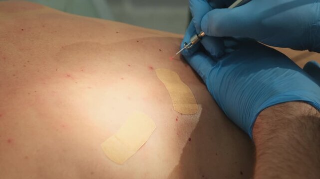 Medical specialist removes moles with laser instrument from man back in procedure room slow motion. Dermatological treatment for patient with warts