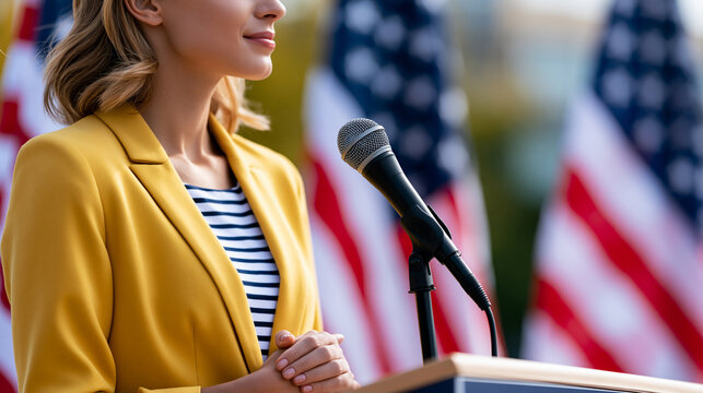 Close-up of a woman at a podium delivering a campaign speech with flags visible behind her, election speech concept, campaign photography, political leadership visualization,