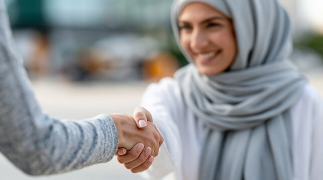 Close-up of a Smiling Emirati woman and Western woman shaking hands in a contemporary plaza, cross-cultural partnership concept, multicultural handshake photography, international
