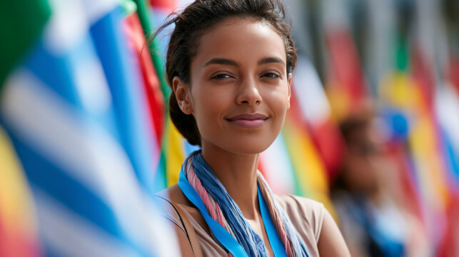 Close-up of an African American woman standing amidst waving international flags, global commitment concept, flags and woman photography, international cooperation symbol,