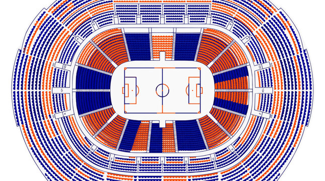 Aerial view of a stadium seating chart with soccer field and blue orange seats