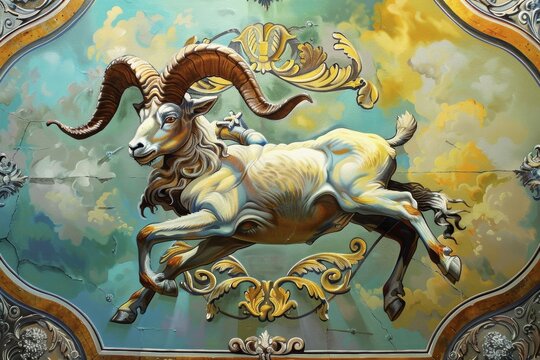 Artistic representation of the Capricorn zodiac sign on a ceiling and symbolizing ambition and discipline, AI generated