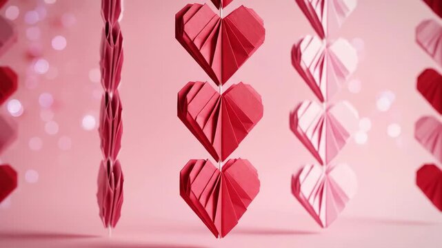Volumetric Origami Paper Hearts Hanging on Strings in a Pastel Pink Studio
