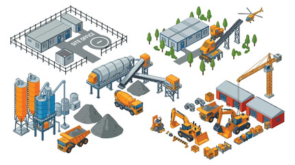 Isometric construction site with machinery and buildings © Md Anisur Rahman 