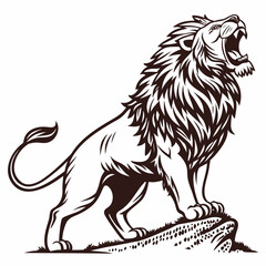 Vector illustration of a roaring lion with detailed mane standing on terrain in a brown monochrome style © murad