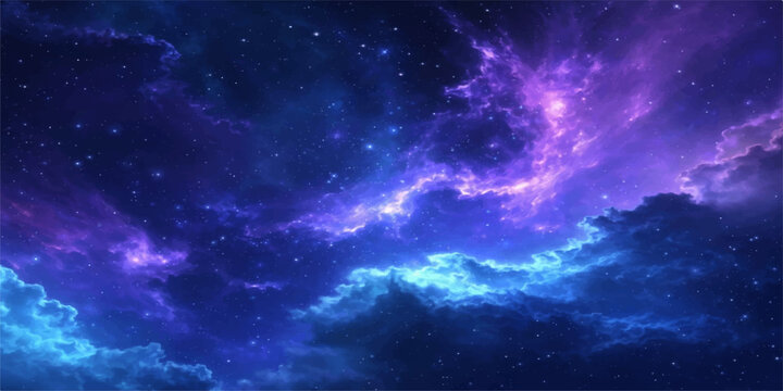 An ethereal nebula glows with vibrant hues of purple and blue, speckled with distant stars, creating a breathtaking cosmic panorama that evokes wonder and the vastness of space.