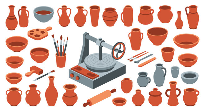 Pottery collection with wheel tools and various ceramic vessels
