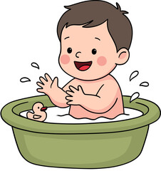Naklejka premium Cartoon Happy Toddler Taking A Bath With Rubber Duck