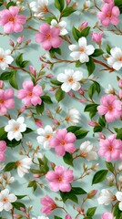 Obraz premium Pink and white flowers bloom vibrantly, intertwining with green leaves in a stunning display. This enchanting floral design brings the essence of spring indoors, evoking freshness and joy