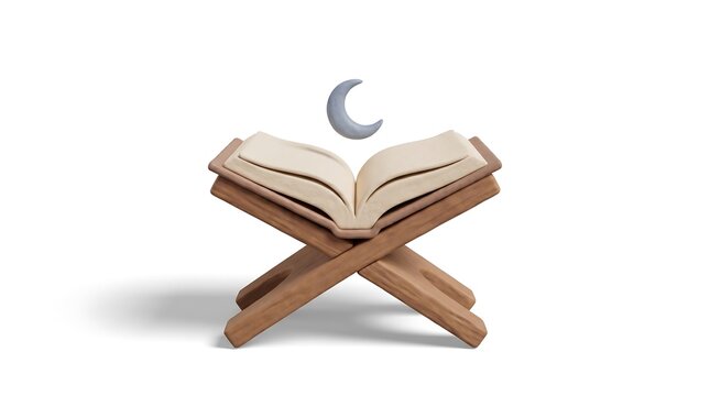 3D illustration of an open holy book on wooden stand with crescent moon on white background