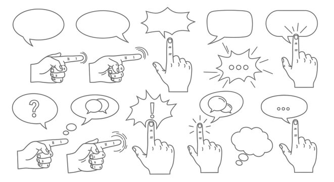 Hands pointing to speech bubbles icons.