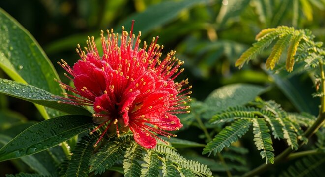 Crimson Powderpuff Flower in Full Bloom with Lush Greenery.