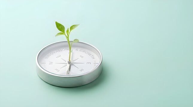 Vibrant green sprout emerges from a silver compass, symbolizing new beginnings, clear business direction, and the path towards sustainable growth and environmental consciousness