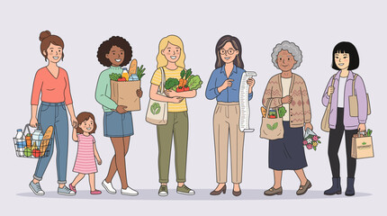 Fototapeta premium Group of diverse women carrying grocery bags. Female characters holding food items and shopping receipts. Supermarket customers flat vector illustration collection.
