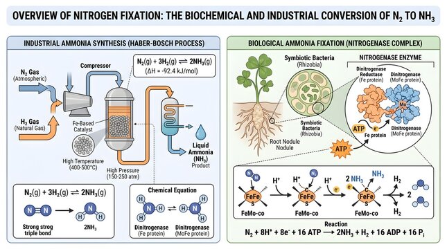 Overview of Nitrogen Fixation: Biochemical and Industrial Conversion of N₂ to NH₃ via Haber&ndash;Bosch Synthesis and Symbiotic Bacterial Nitrogenase Complexes, Highlighting Energy Requirements, Cofactors a