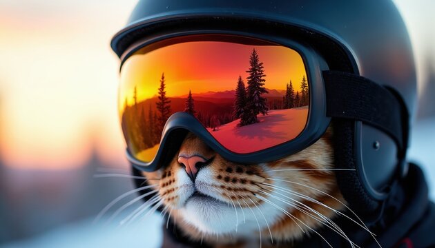 Tabby cat wears ski helmet and goggles. Reflection shows snowy forest landscape at sunset. Animal is ready for winter sport adventure. Funny pet look.