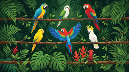 Exotic Tropical Birds Scene in Rainforest Jungle with Colorful Macaws Parrots and Cockatoo on Tree Branches Vector Illustration © Rina
