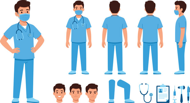 Cartoon Male Doctor and Nurse Character Sheet Featuring Front, Side, Back Views with Stethoscope, Mask, and Medical Tools for Animation and Game Design