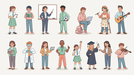 Fototapeta premium Diverse education characters vector set. Teachers students and school staff in various subjects including science sports music art and graduation isolated on light background.
