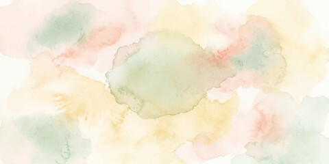 Obraz premium Soft pastel watercolor splashes in light green, peach, and yellow create a gentle, abstract background.