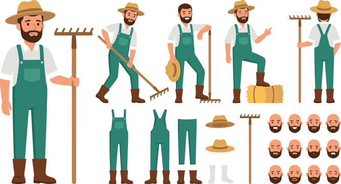 Cartoon Farmer Character Sheet Featuring Multiple Poses, Expressions, and Body Parts with Rake, Hat, and Overalls for Animation and Game Design Illustrations