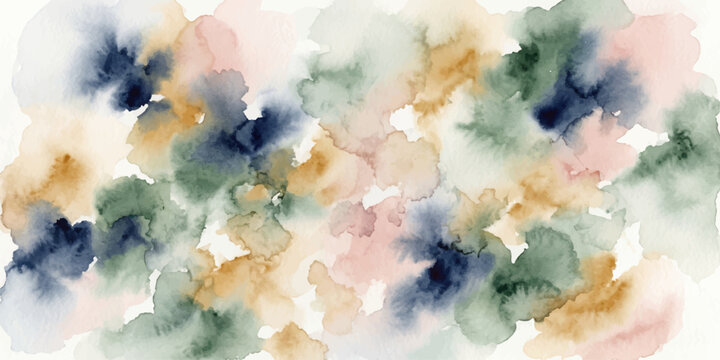 Abstract watercolor painting with soft, blended washes of navy blue, dusty rose, sage green, and warm ochre creating a dreamy, organic texture.