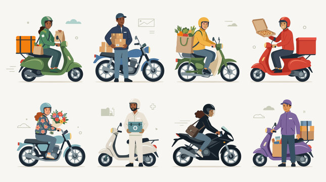 Motorbike delivery courier vector set. Diverse people riding scooters to transport food groceries flowers and packages. Fast shipping logistics and transportation service concept.