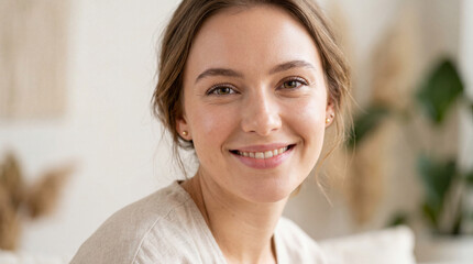 Fototapeta premium Happy young woman smiling naturally during portrait shot in bright room