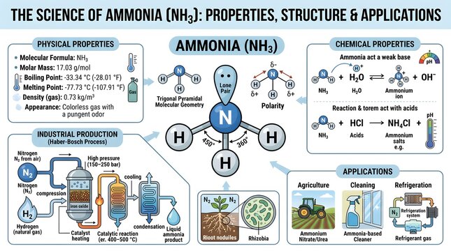 The Science of Ammonia (NH₃): Properties, Molecular Structure and Applications Featuring Trigonal‑Pyramidal Geometry, Physical Data, Acid&ndash;Base and Redox Behavior, Industrial Haber&ndash;Bosch Production and
