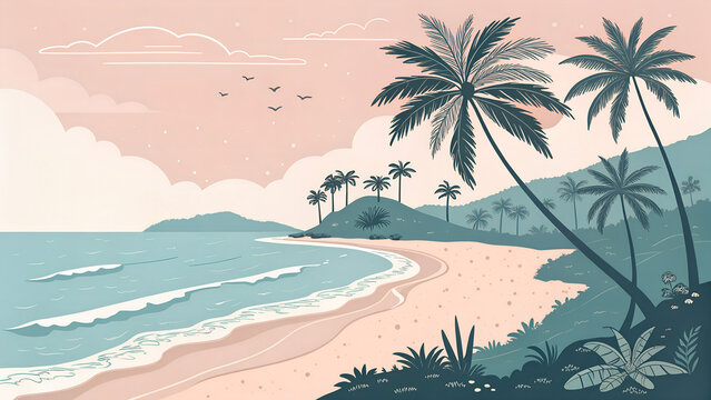 Goa beach with palm trees and waves, minimal vector illustration, tropical pastel tones, clean summer poster style, 