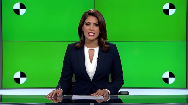 Female News Anchor Speaking in Studio with Green Screen Background.