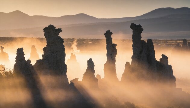 Ethereal morning mist swirls around unique tufa rock formations in a serene desert landscape at sunrise