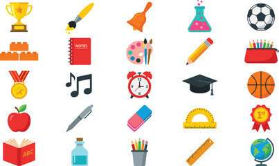 Obraz premium Flat Style School and Education Icon Set Featuring Trophy, Bell, Flask, Palette, Graduation Cap, Clock, and Sports Items for Academic and Learning Illustrations