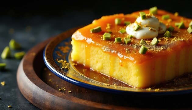 Rich Mughlai dessert Shahi Tukda with rabri and saffron syrup. Garnished with pistachios and edible gold leaf, presented on dark background. Food photography close up.
