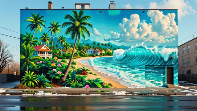 large mural side building mural depicts tropical scene palm trees flowers beach sky blue white clouds ocean waves crashing onto shore beach sandy small houses scattered throughout scene right side