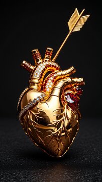 rendering heart shaped object golden color heart intricately designed detailed pattern veins arteries top heart golden arrow pointed tip which pointing towards right side arrow decorated red gold