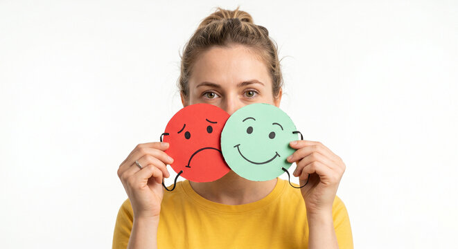Woman with Bipolar Disorder Holding Red Sad and Green Happy Paper Smiley Masks Showing Mood Swings and Emotional Changes Mental Health Concept