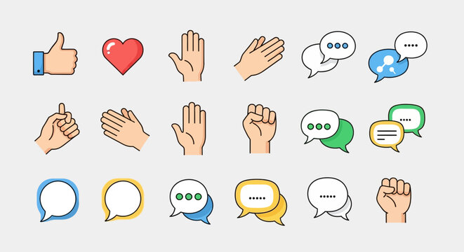 Hands and speech bubbles icons set.