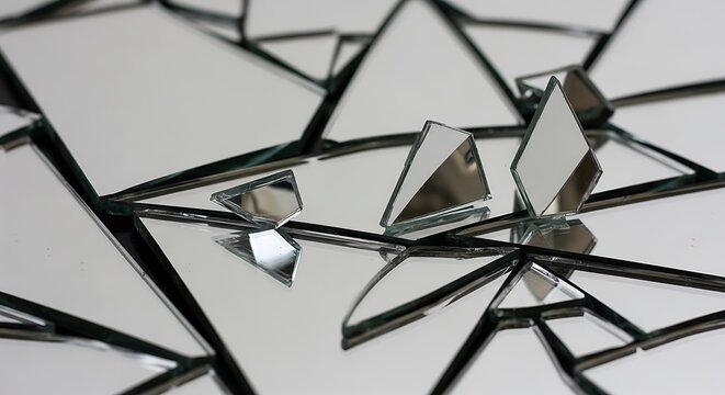 Abstract composition of shattered mirror glass pieces and shards