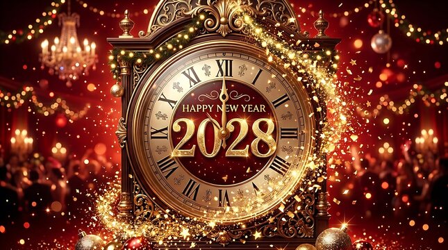 Golden clock celebrating New Year 2028 with festive sparkles and holiday decorations