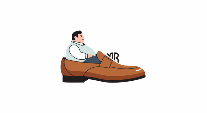 Man sitting inside a giant brown leather loafer shoe